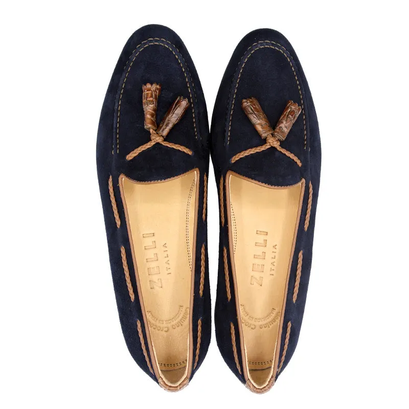 16-584-NVY NAPLES Italian Kid Suede with Embossed Crocodile Tassel Loafer, Navy