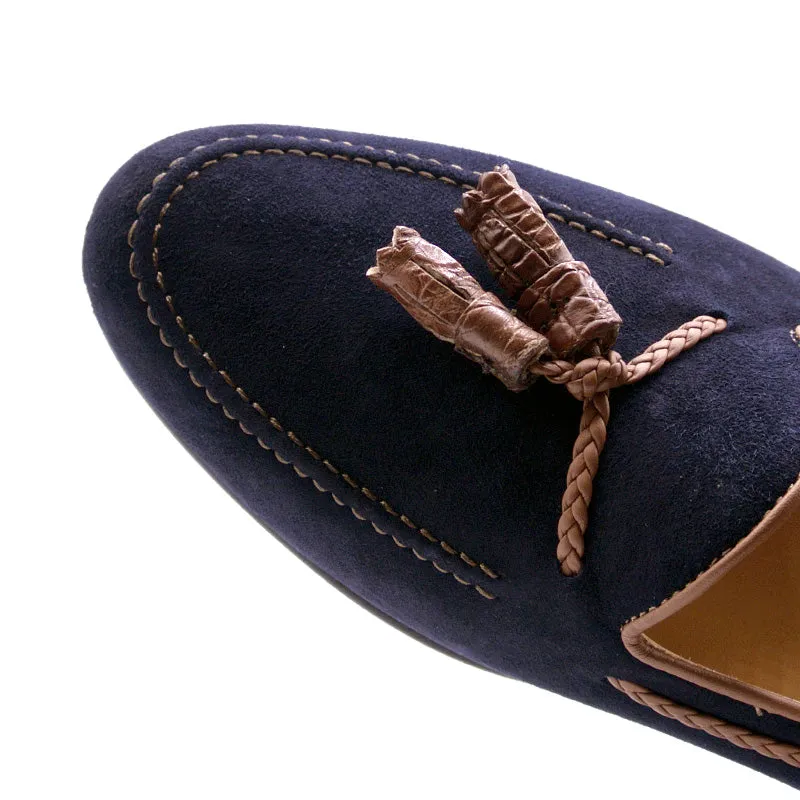 16-584-NVY NAPLES Italian Kid Suede with Embossed Crocodile Tassel Loafer, Navy