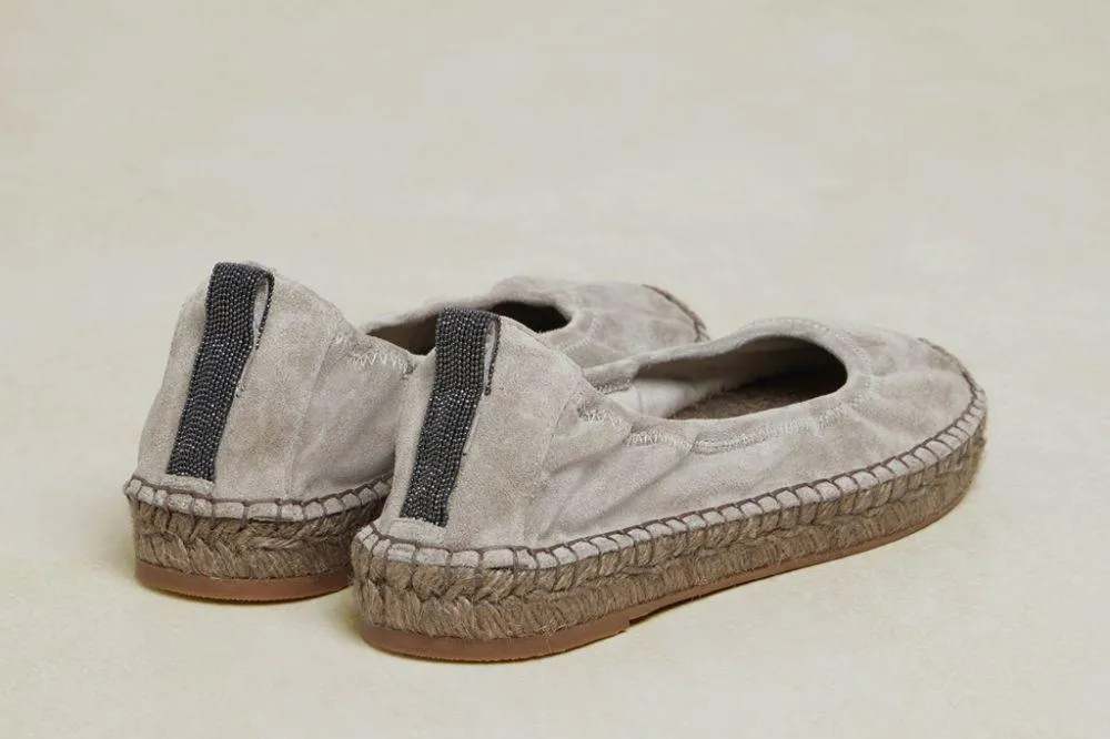 Brunello Cucinelli Seude Leather Women's Grey Espadrilles In Roccia   Ultra Black