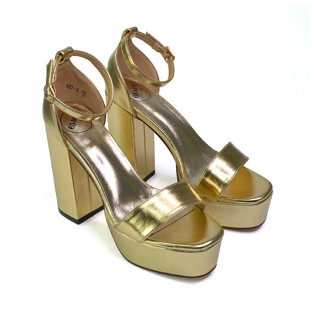 DOTTY CHUNKY BLOCK HIGH HEEL ANKLE STRAP SUPER HIGH PLATFORM SHOES IN GOLD