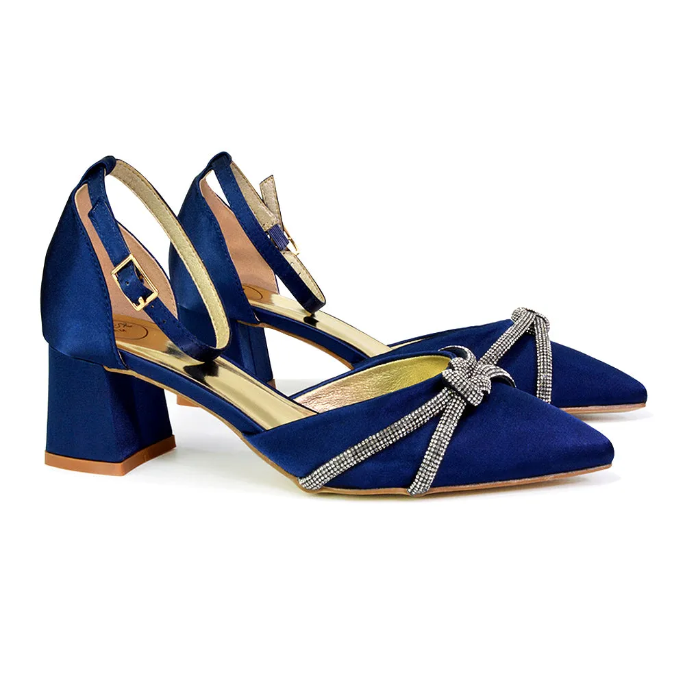 Gracie Diamante Strappy Mid Block Heel Sandals With a Pointed Toe in Navy