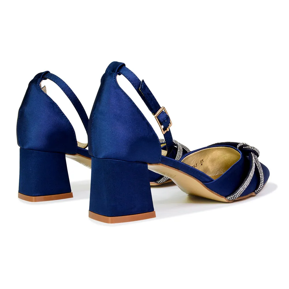 Gracie Diamante Strappy Mid Block Heel Sandals With a Pointed Toe in Navy