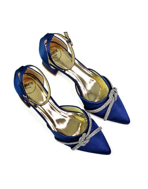 Gracie Diamante Strappy Mid Block Heel Sandals With a Pointed Toe in Navy