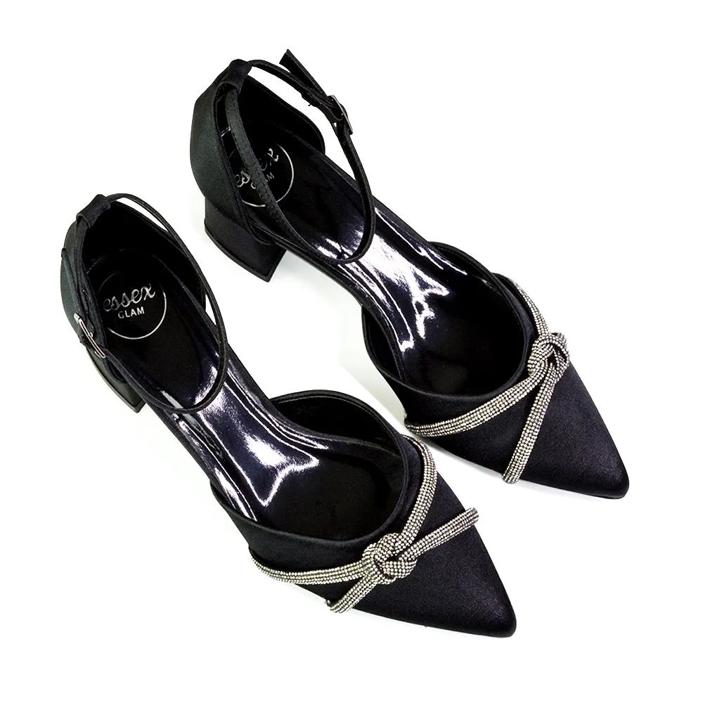 Gracie Diamante Strappy Mid Block Heel Sandals With a Pointed Toe in Navy