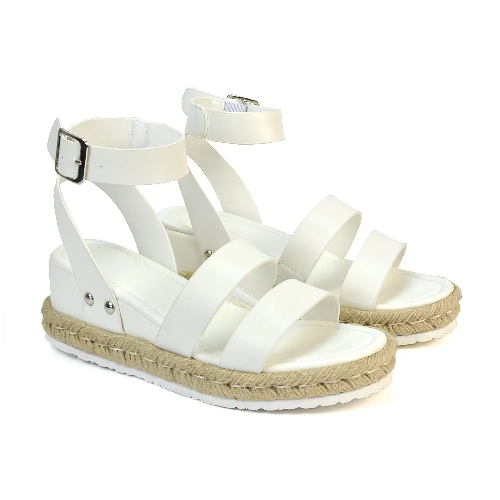 Jorja Platform Wedge Heel Sandals Espadrilles in White Synthetic Leather