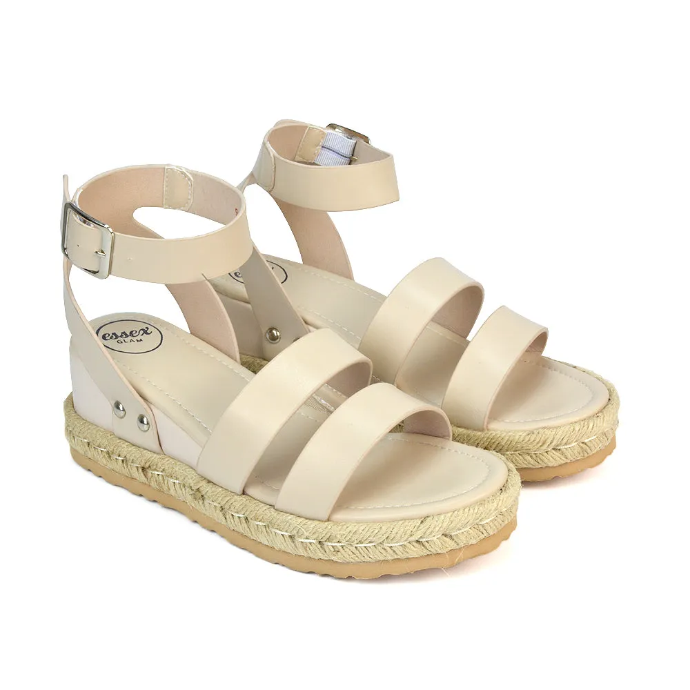 Jorja Platform Wedge Heel Sandals Espadrilles in White Synthetic Leather