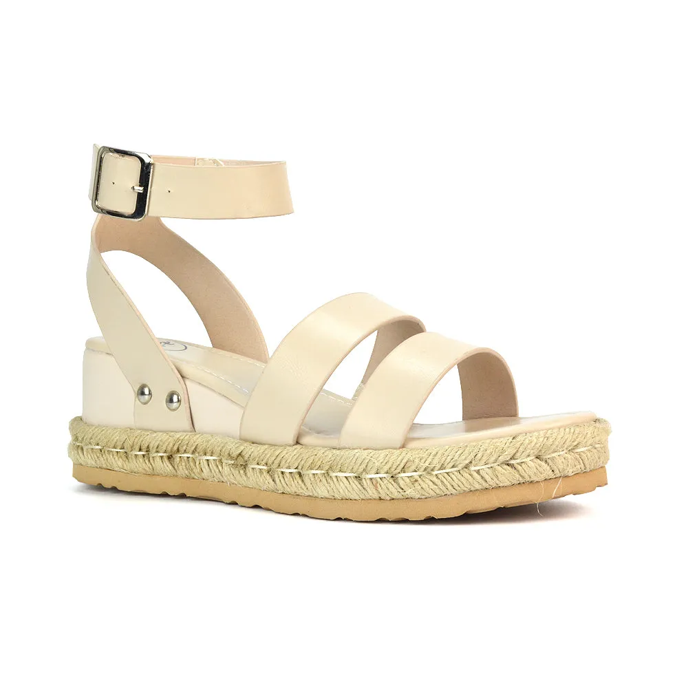 Jorja Platform Wedge Heel Sandals Espadrilles in White Synthetic Leather