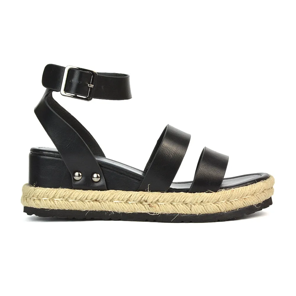 Jorja Platform Wedge Heel Sandals Espadrilles in White Synthetic Leather