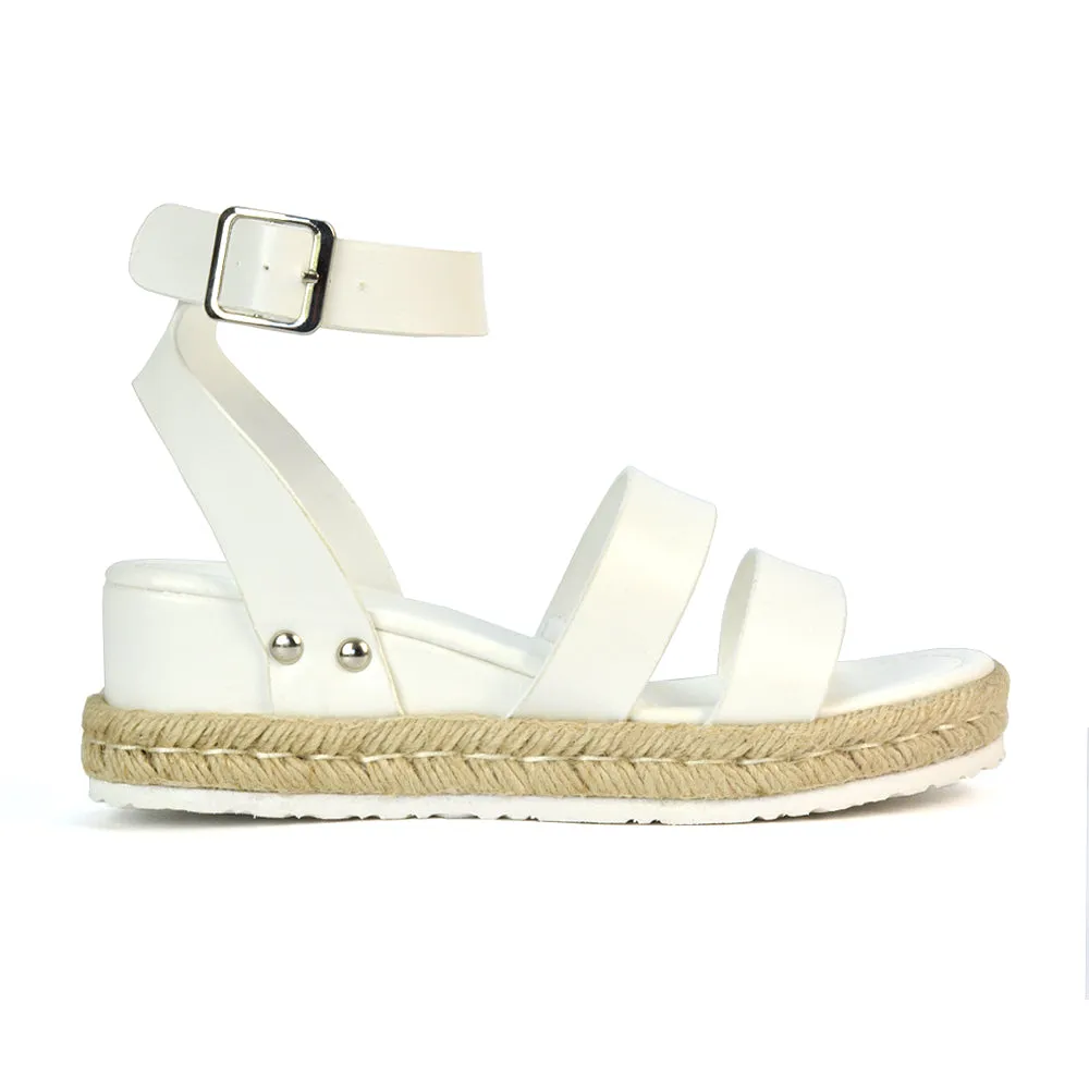 Jorja Platform Wedge Heel Sandals Espadrilles in White Synthetic Leather