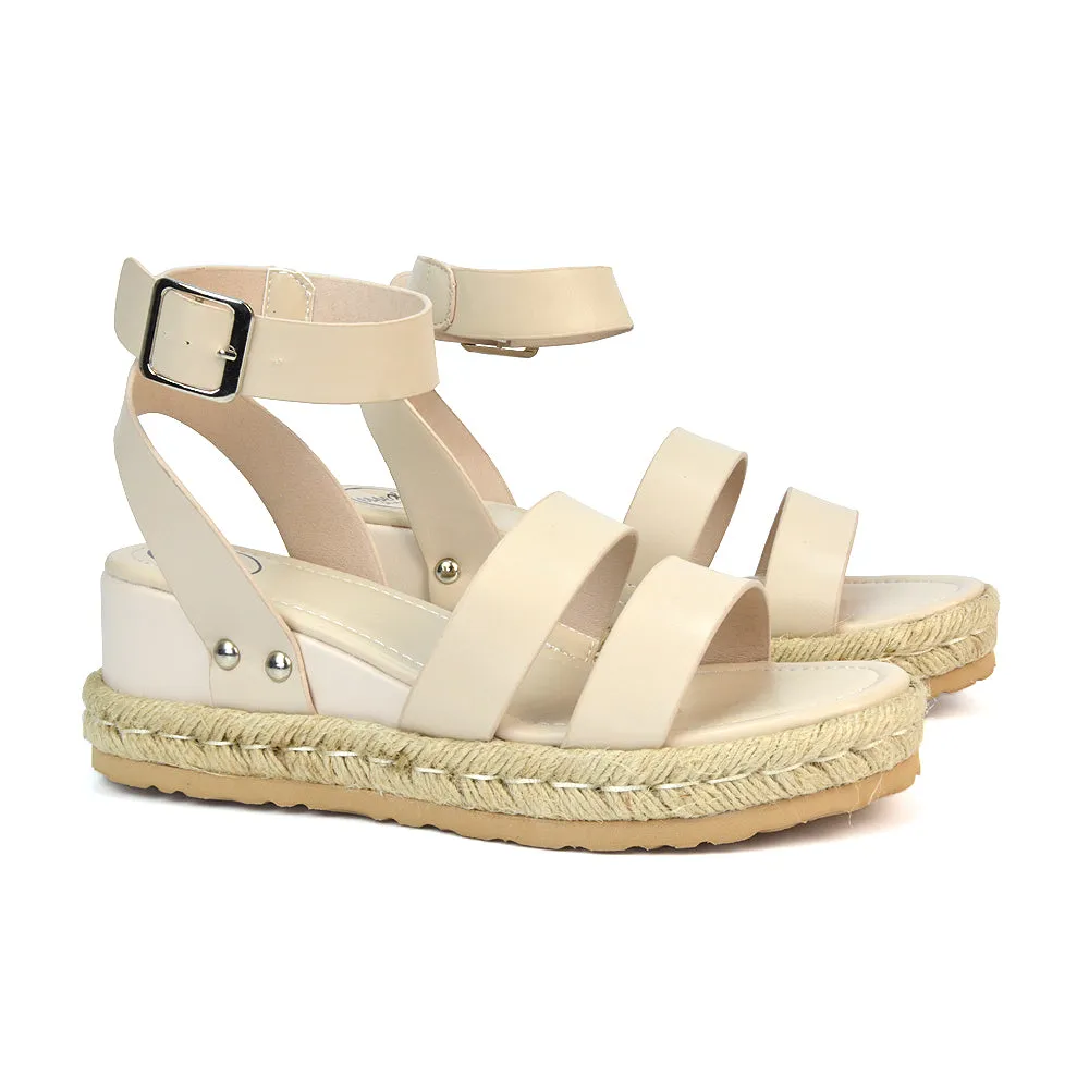 Jorja Platform Wedge Heel Sandals Espadrilles in White Synthetic Leather