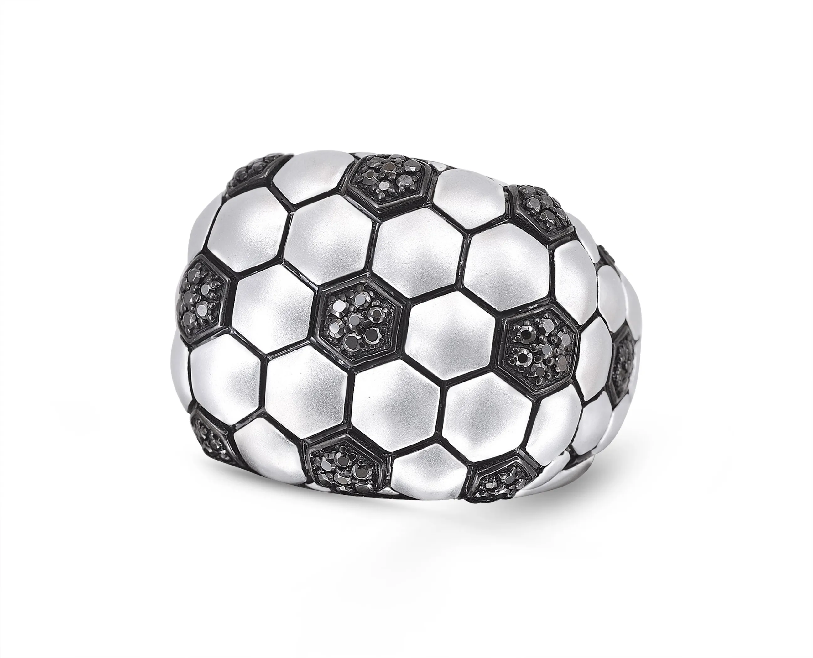 Kick & Goal Soccer Black Rhodium Plated Sterling Silver Black Diamond Head Ring