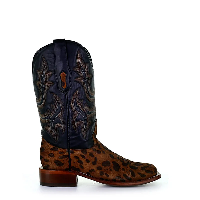 Ladies Camel Leopard & Black Square Toe Boots | A4144