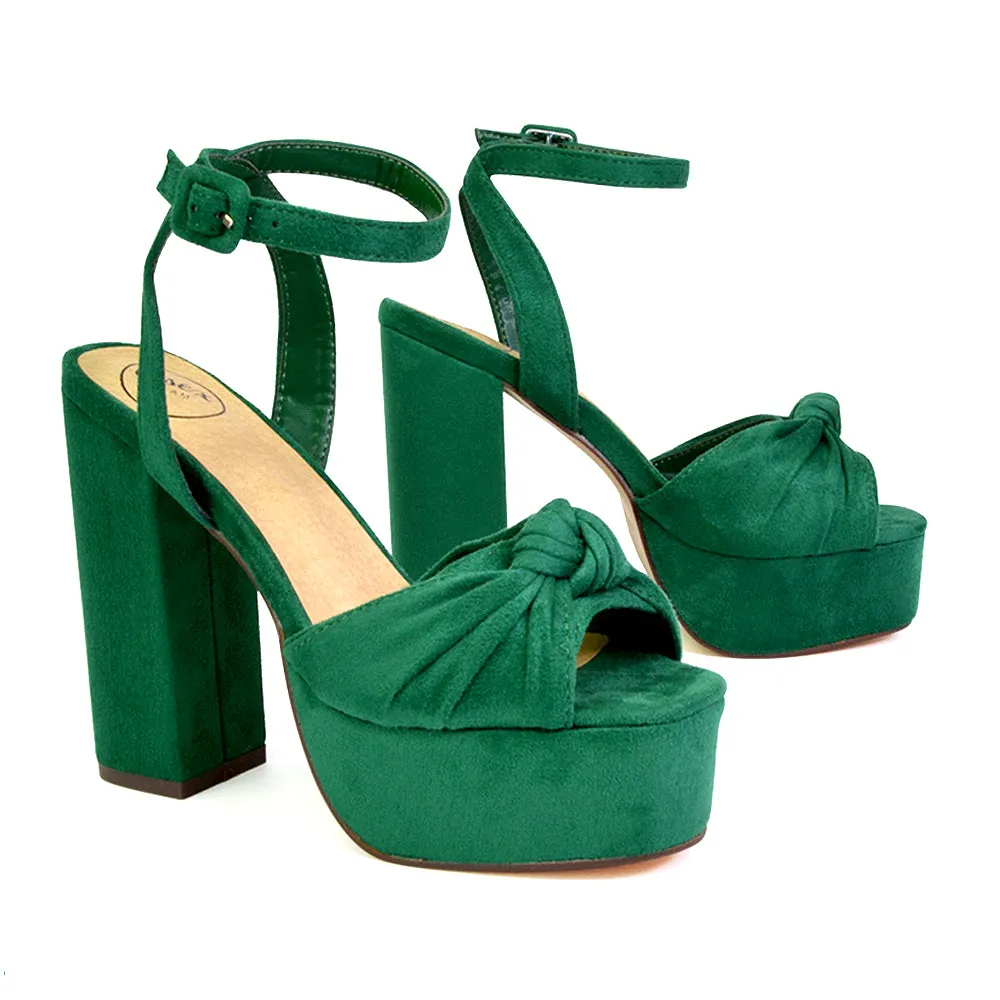 Lillian Peep Toe Strappy Chunky Block High Heel Platform Shoes in Green Faux Suede