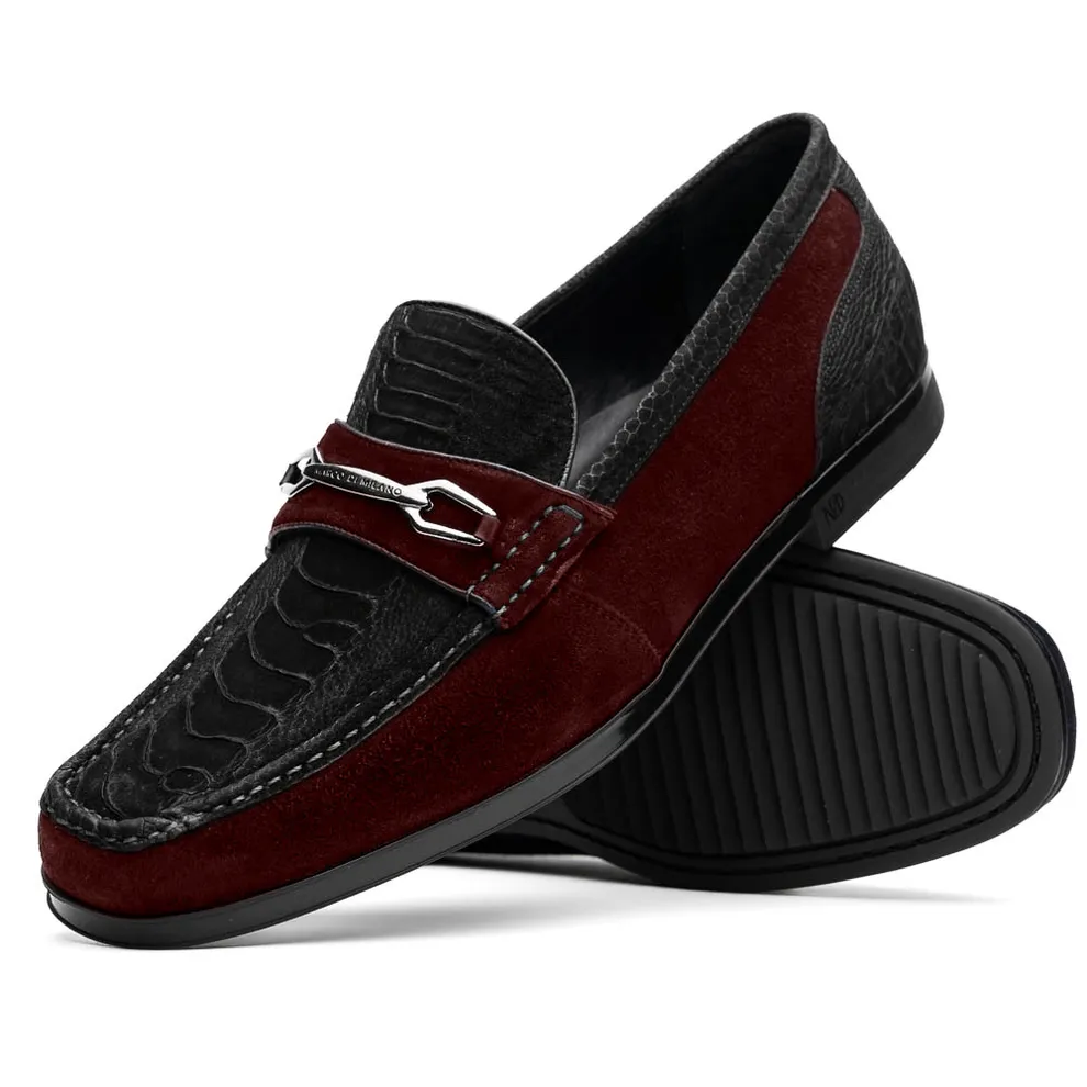 Marco Di Milano Hugo Men's Shoes Black & Wine Suede / Ostrich Leg Horsebit Loafers (MDM1064)