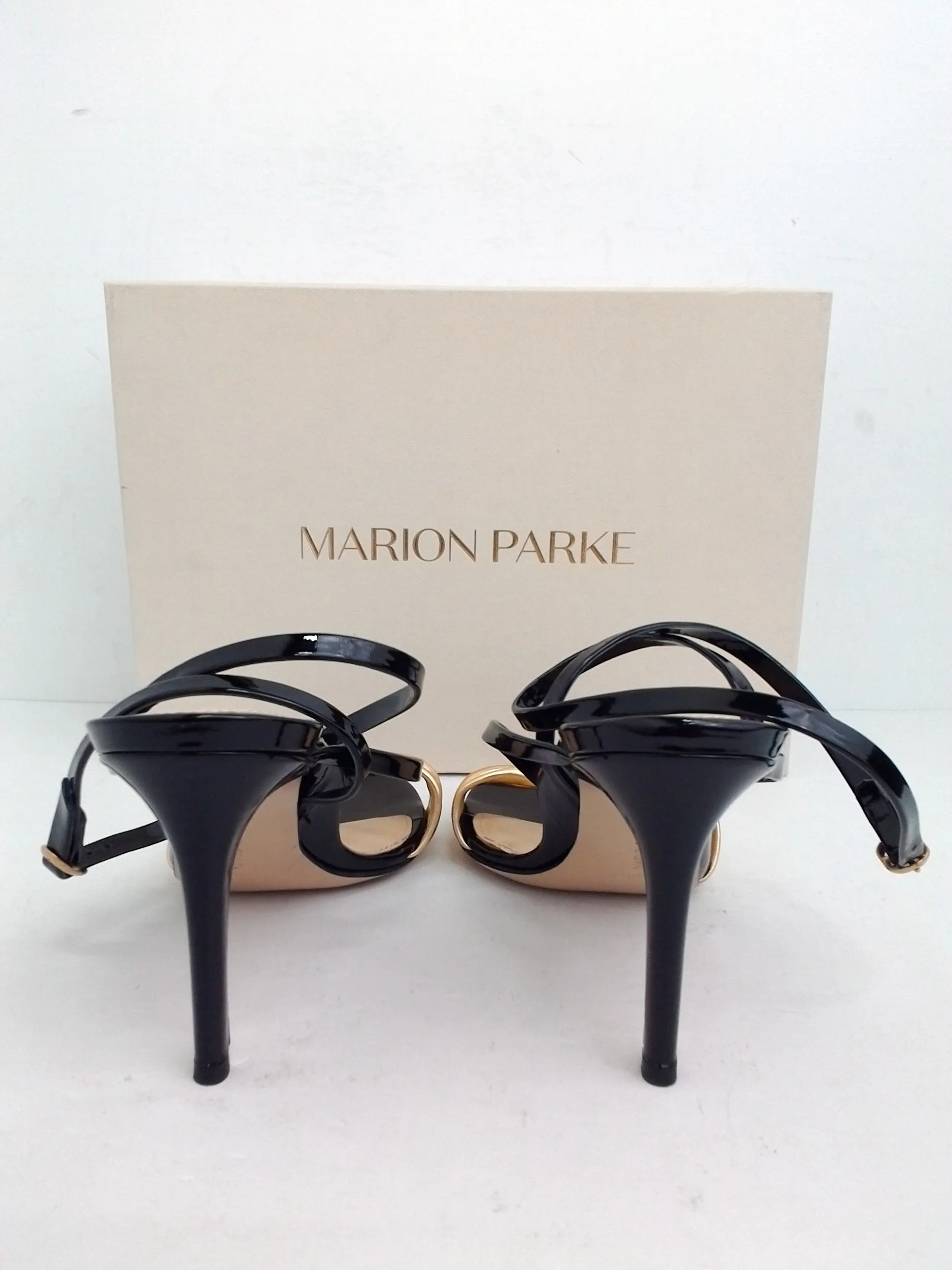 Marion Parke Toscana Women's Lucy Napa Patent Gold/Black Heeled Sandal Size 38.5