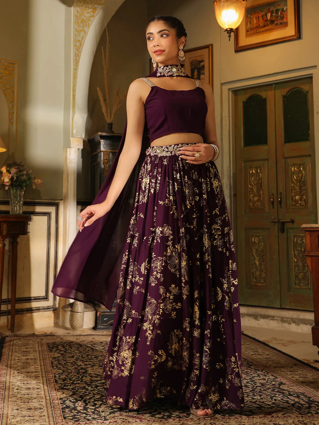 Purple Georgette Embellished Foil Printed Tiered Lehenga Choli Set