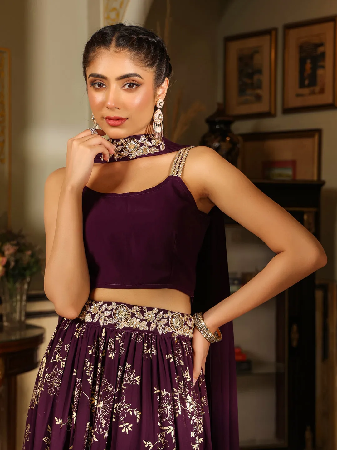 Purple Georgette Embellished Foil Printed Tiered Lehenga Choli Set