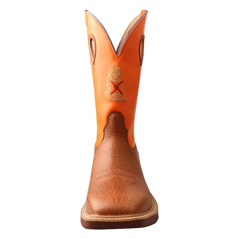 TWISTED X - Mens 12" Alloy Toe Western Work Boot with RIG CellStretch, Tan Bull Hide & Orange