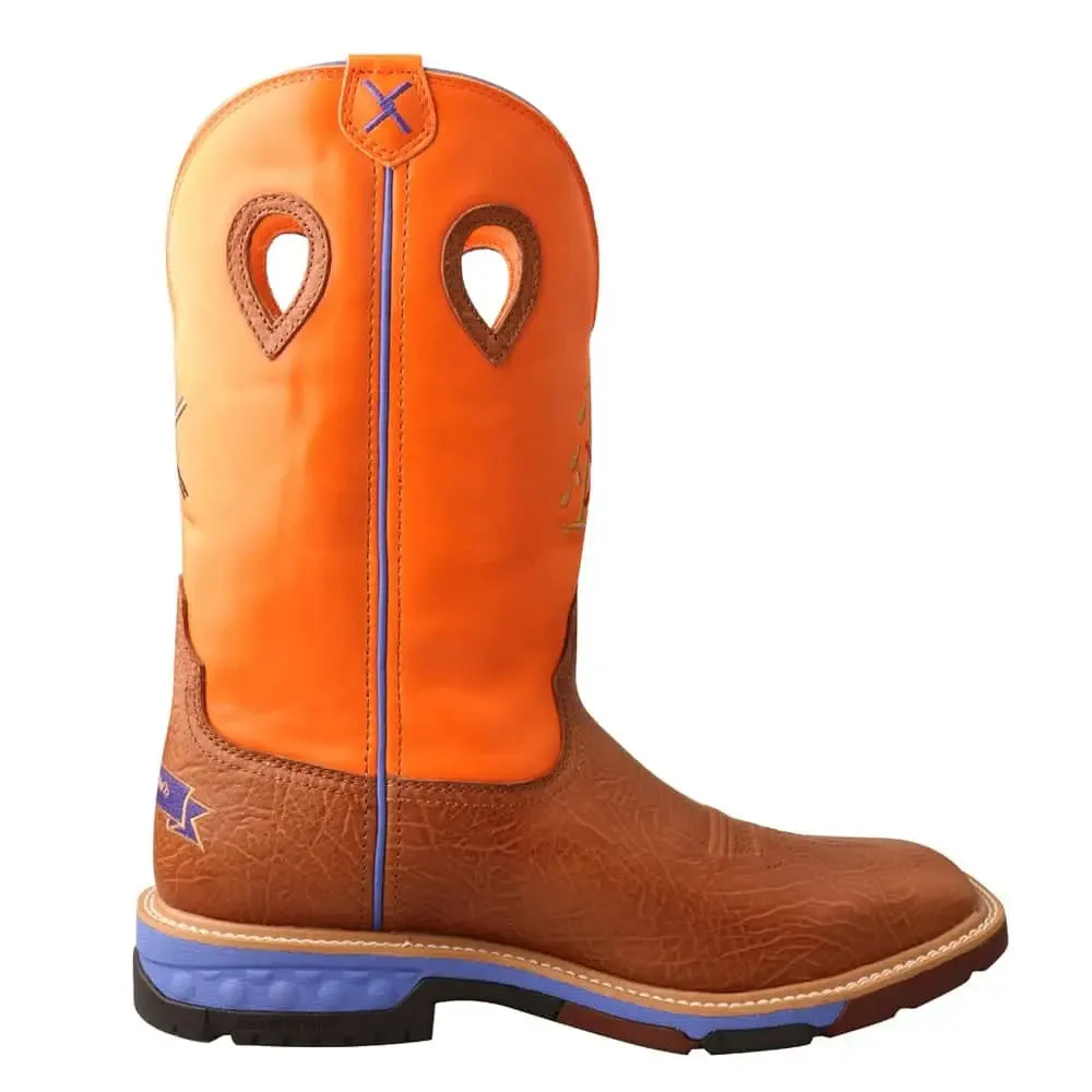 TWISTED X - Mens 12" Alloy Toe Western Work Boot with RIG CellStretch, Tan Bull Hide & Orange