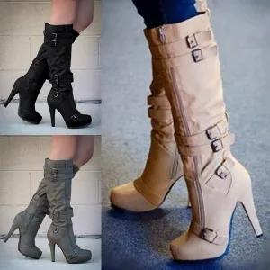 Women's stiletto high heeled platform knee high boots buckle strap boots