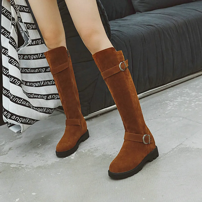 Women's suede knee high biker boots with side zipper