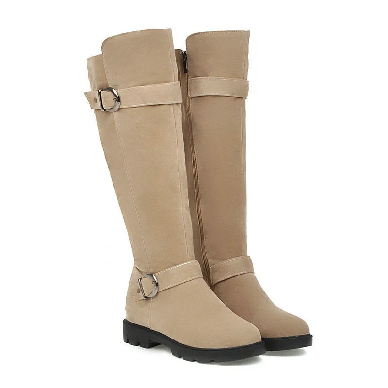 Women's suede knee high biker boots with side zipper