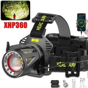 XHP360 LED Headlamp Zoomable Sensor Headlight USB Rechargeable Head Flashlight Outdoor Waterproof Fishing Emergency Power Bank